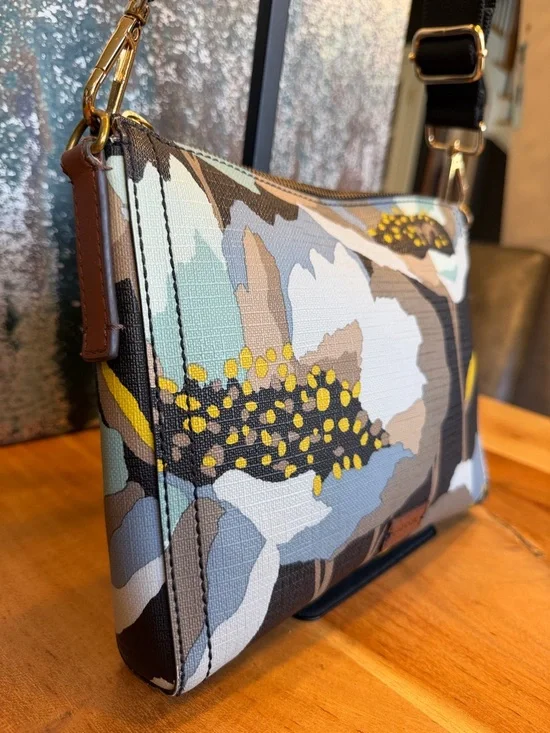 Fossil Boho Floral Coated Canvas Crossbody Bag Brown/Blue Gold (GUC) - Picture 7 of 17